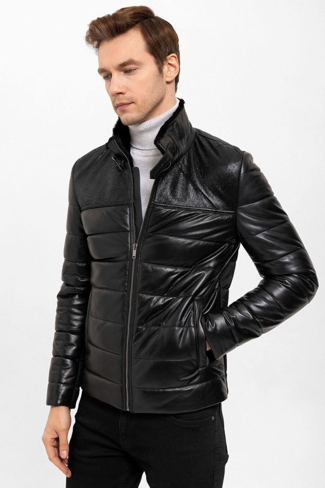 Renzo Black Man Genuine Leather Coat