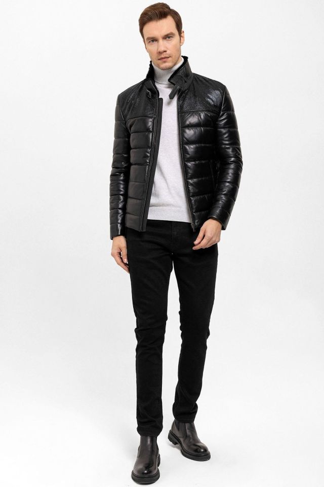 Renzo Black Man Genuine Leather Coat