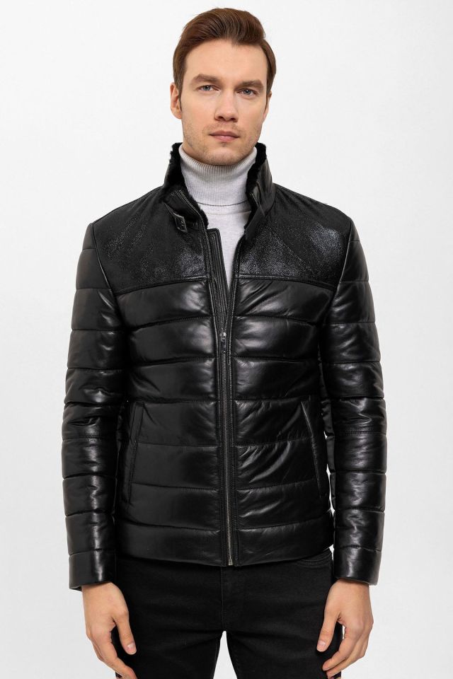 Renzo Black Man Genuine Leather Coat
