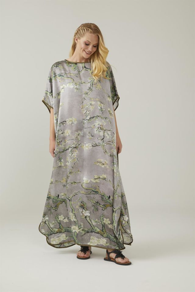 Grey Van Gogh Almond Blossoms Silk Dress