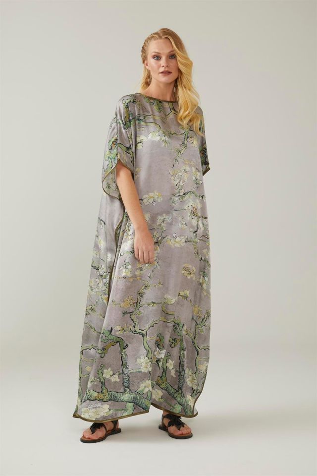 Grey Van Gogh Almond Blossoms Silk Dress