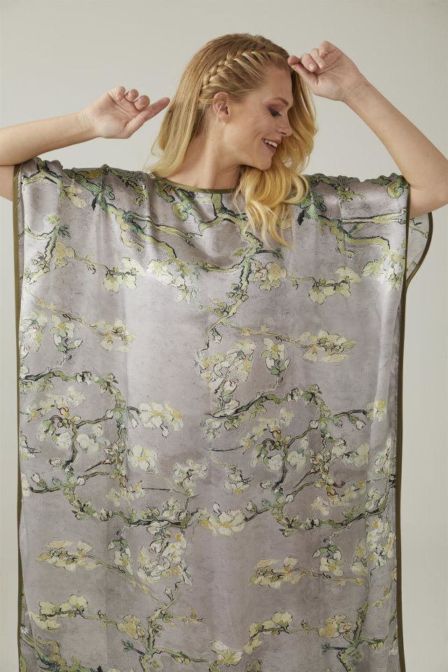 Grey Van Gogh Almond Blossoms Silk Dress