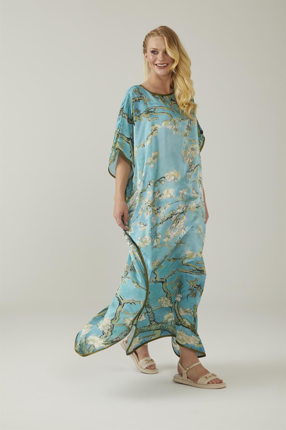 Turquoise Van Gogh Almond Blossoms Silk Dress