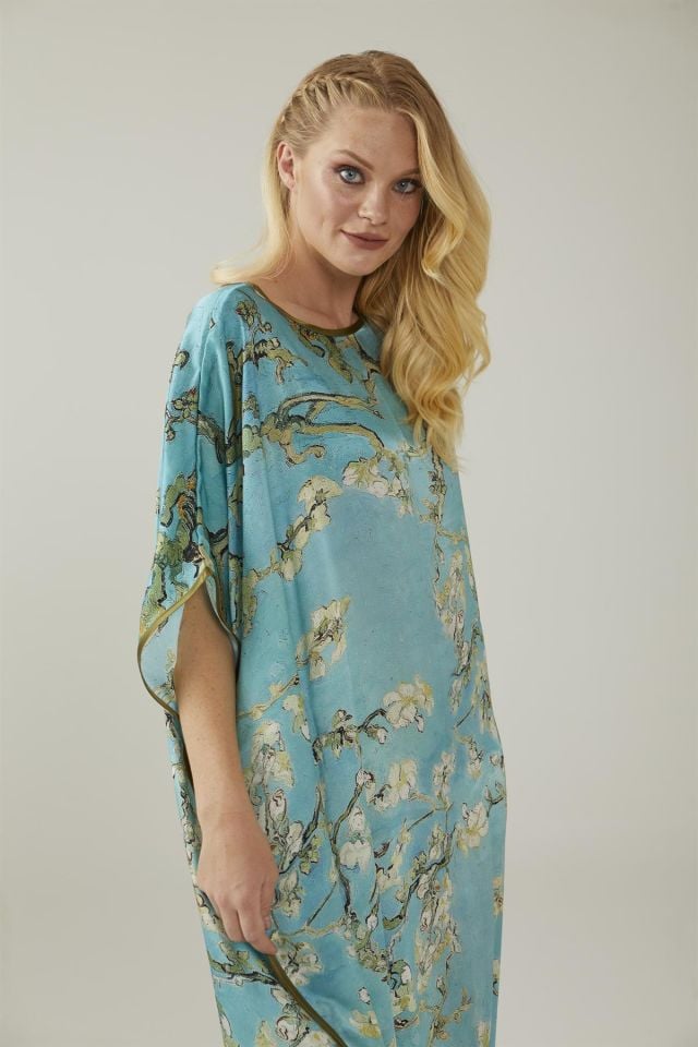 Turquoise Van Gogh Almond Blossoms Silk Dress