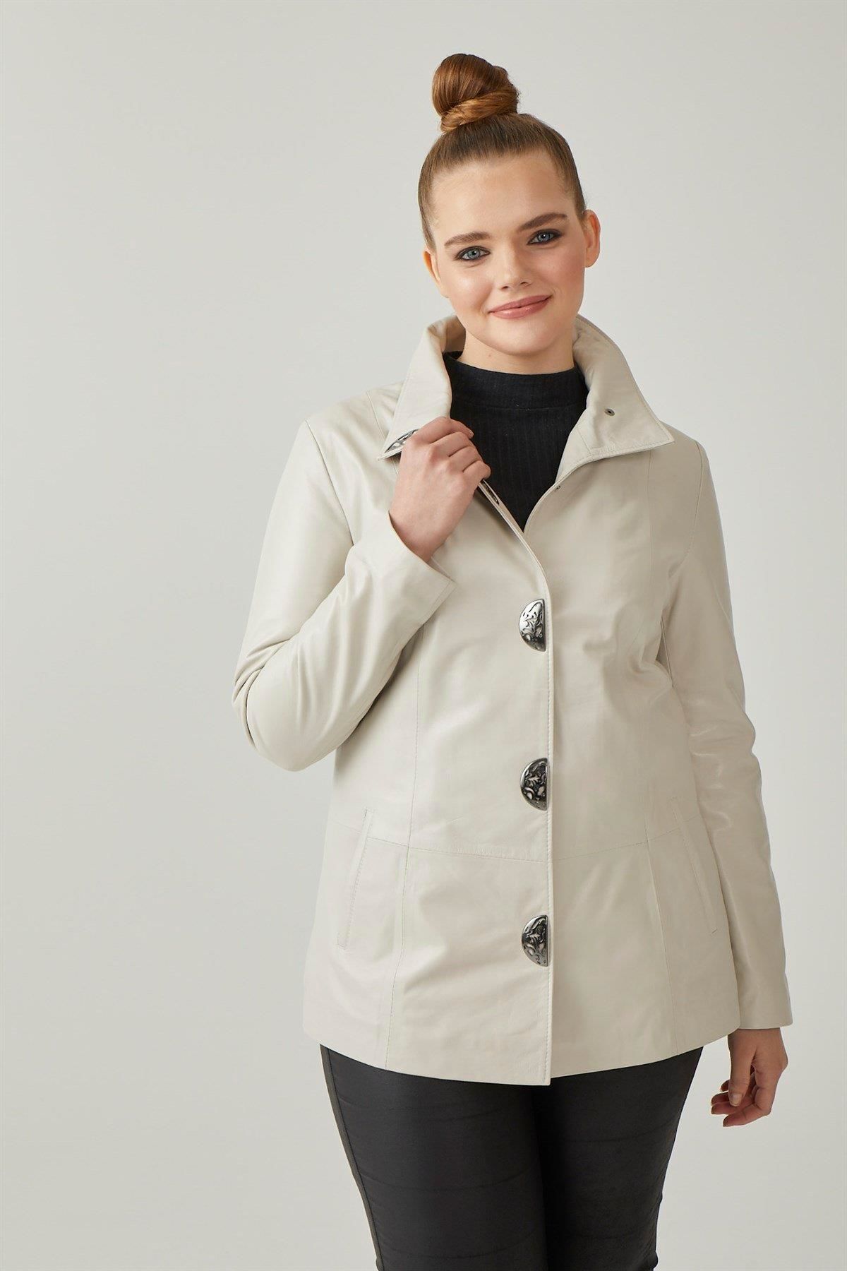 Beige Rowena Woman Loose Cut Geunine Leather Jacket