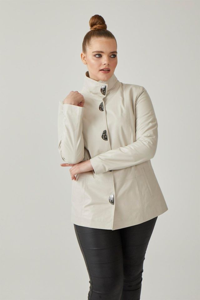 Beige Rowena Woman Loose Cut Geunine Leather Jacket