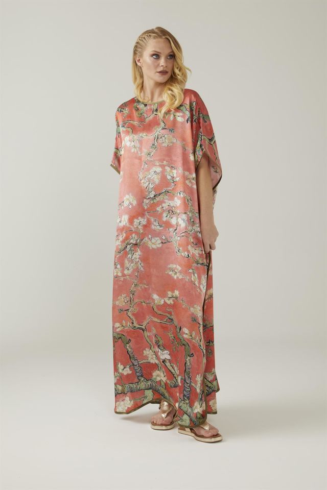 Pink Red Van Gogh Almond Blossoms Silk Dress