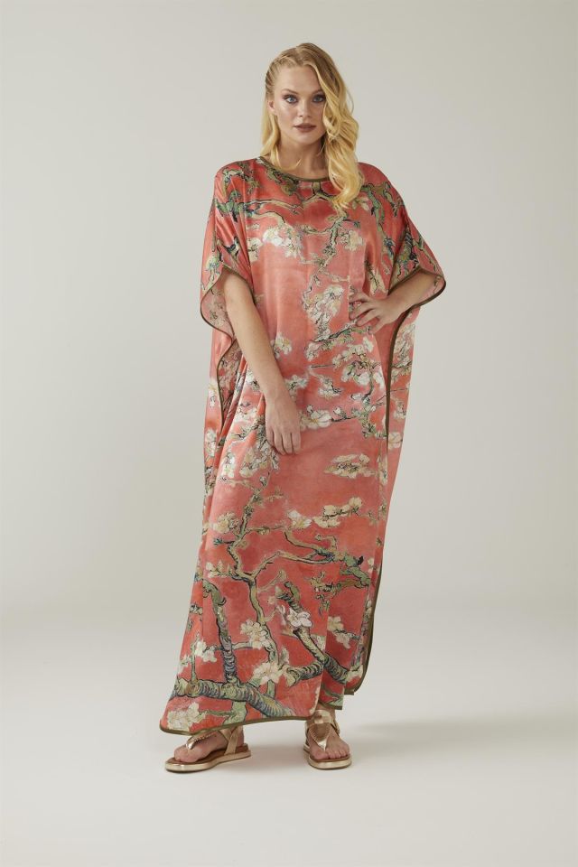 Pink Red Van Gogh Almond Blossoms Silk Dress
