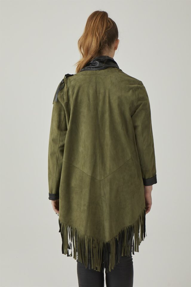 Olive Reversible Tassel Woman Genuine Suede Leather Poncho