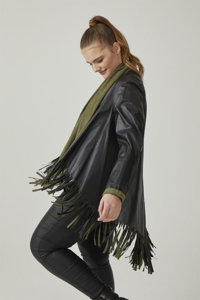 Olive Reversible Tassel Woman Genuine Suede Leather Poncho