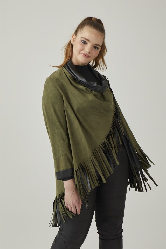 Olive Reversible Tassel Woman Genuine Suede Leather Poncho