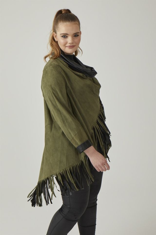 Olive Reversible Tassel Woman Genuine Suede Leather Poncho