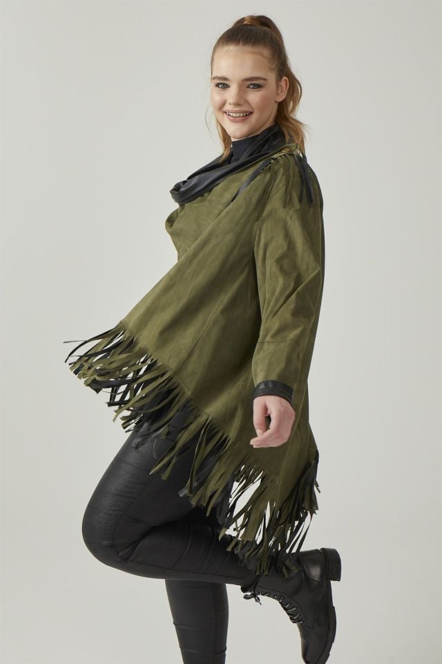 Olive Reversible Tassel Woman Genuine Suede Leather Poncho