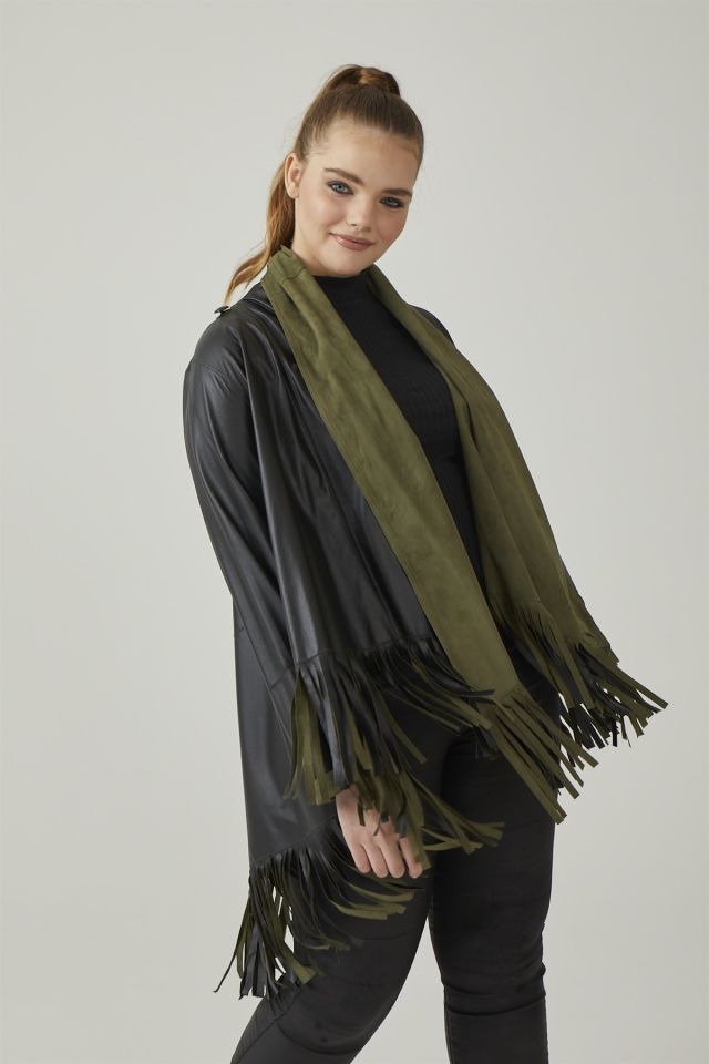 Olive Reversible Tassel Woman Genuine Suede Leather Poncho