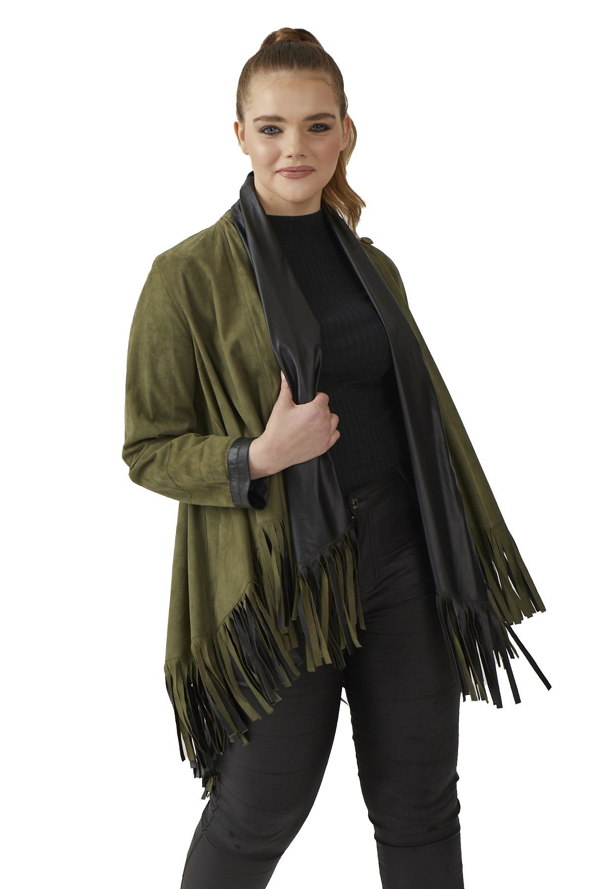 Olive Reversible Tassel Woman Genuine Suede Leather Poncho