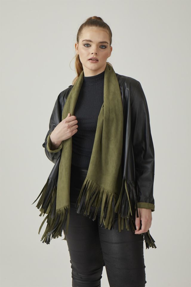 Olive Reversible Tassel Woman Genuine Suede Leather Poncho