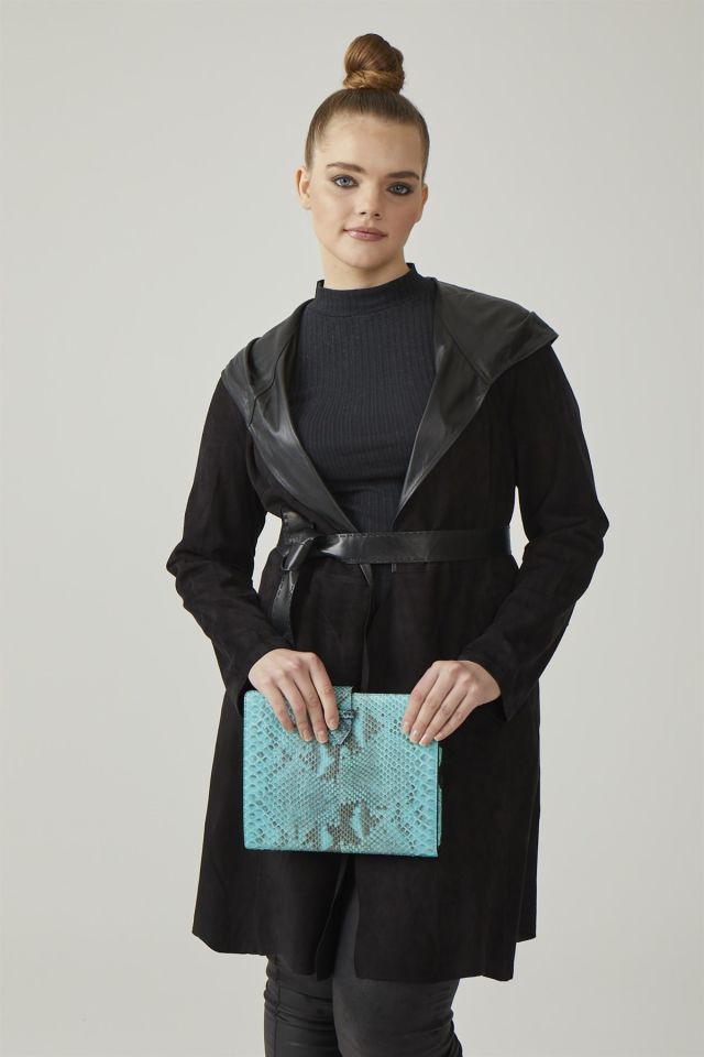 Black Gypsy Hooded Reversible Woman Genuine Suede Coat