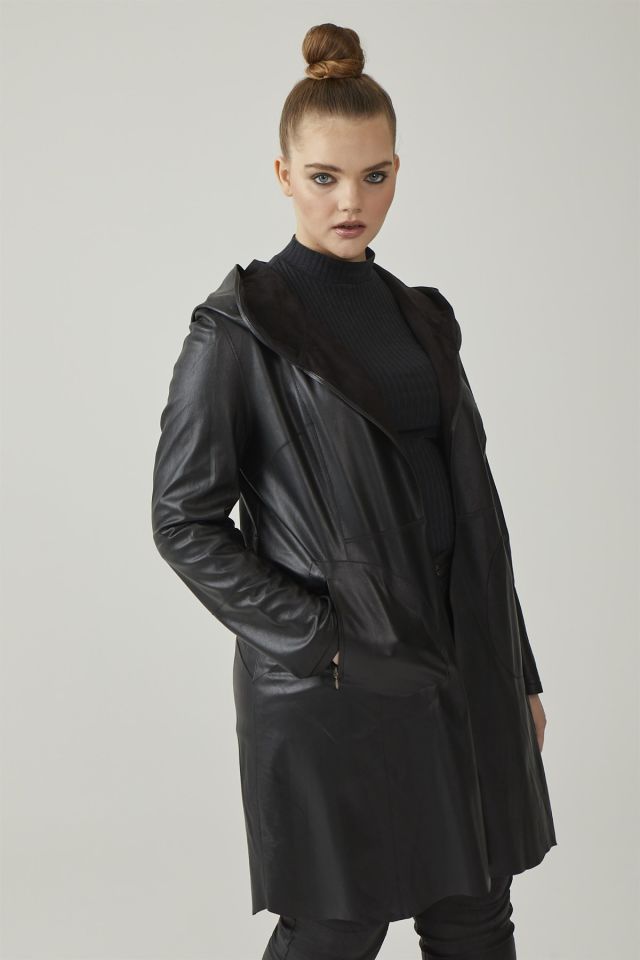 Black Gypsy Hooded Reversible Woman Genuine Suede Coat
