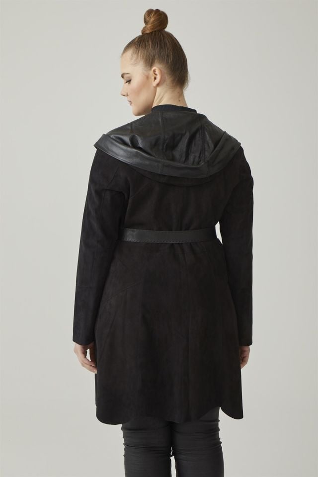 Black Gypsy Hooded Reversible Woman Genuine Suede Coat