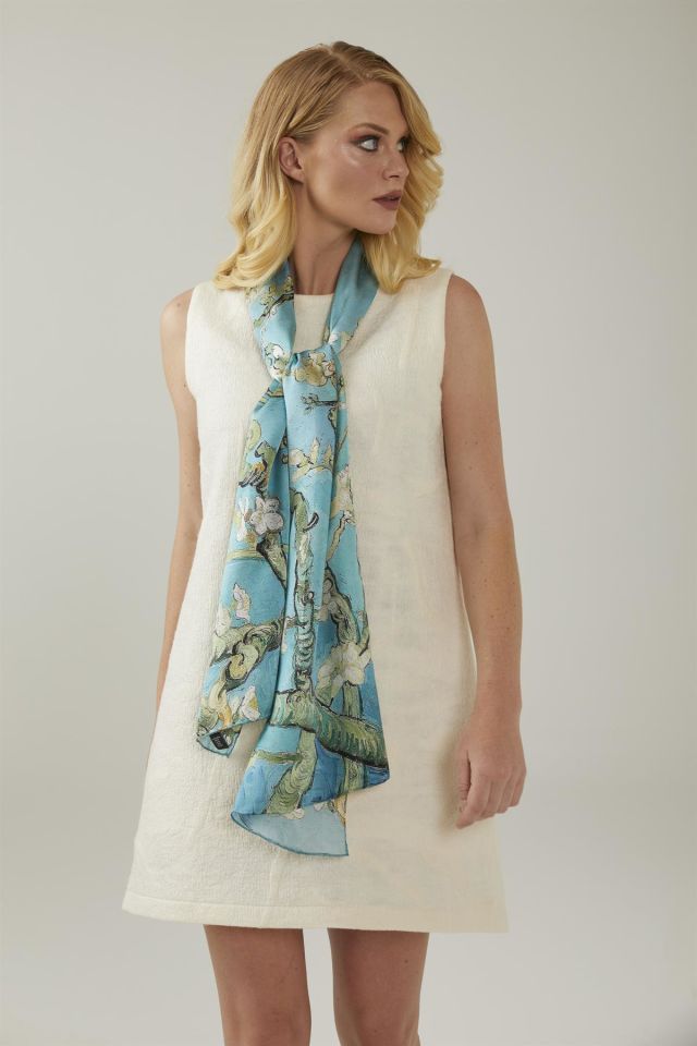 Turquoise Van Gogh Almond Blossoms Silk Scarf