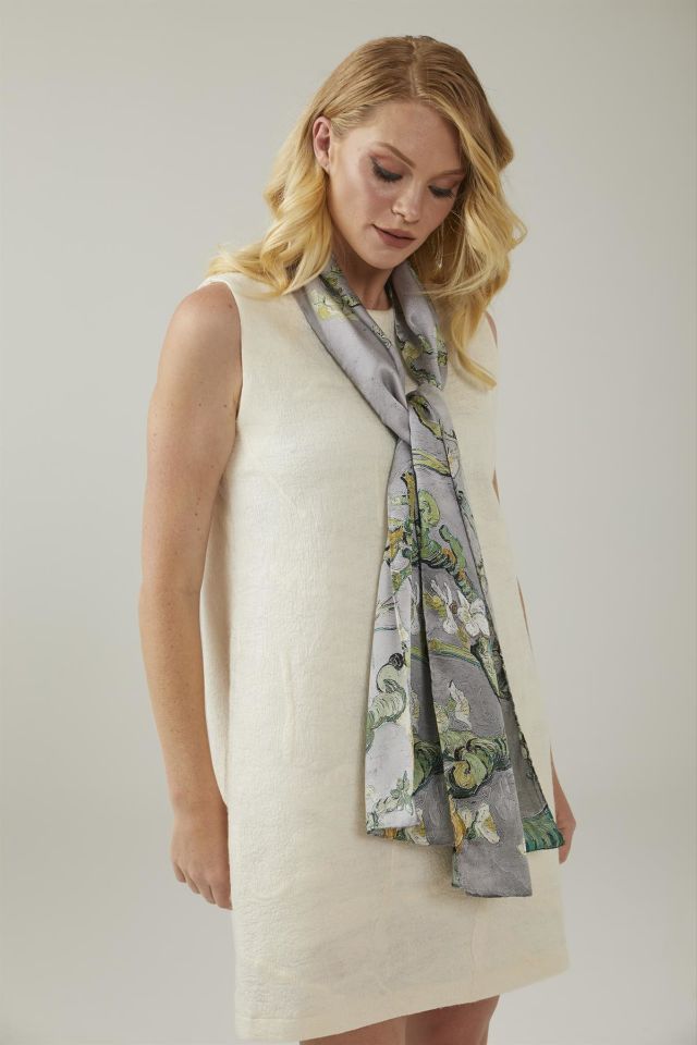 Grey Van Gogh Almond Blossoms Silk Scarf