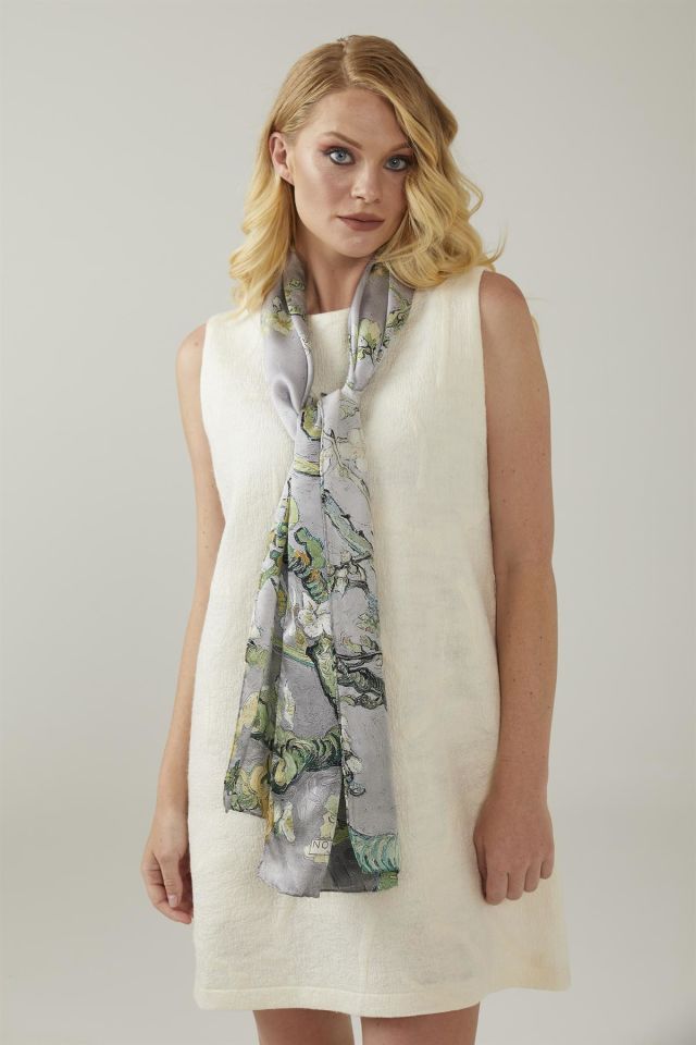 Grey Van Gogh Almond Blossoms Silk Scarf