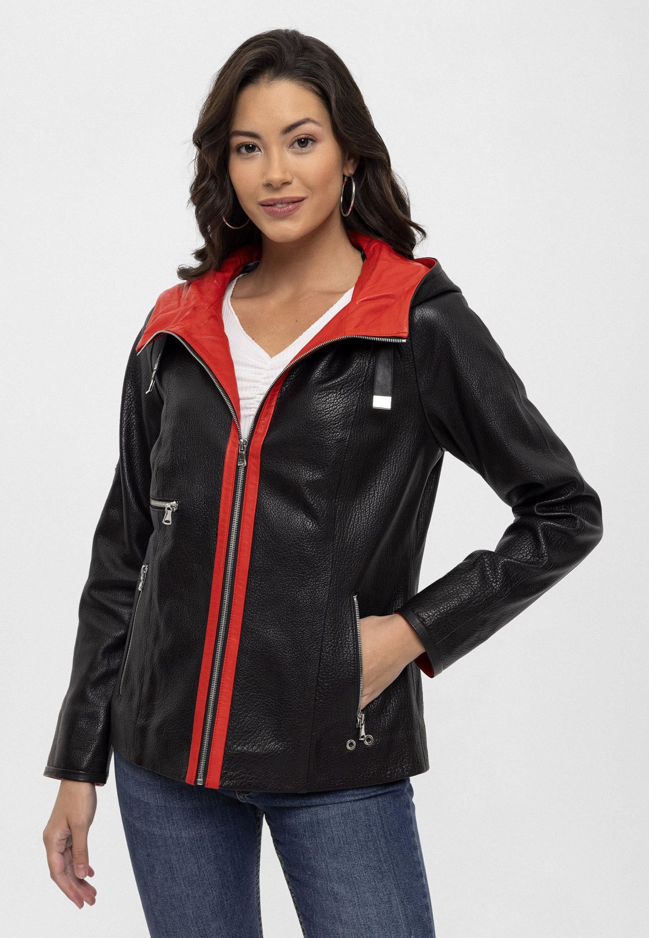 Black Marc Hooded Woman Genuine Leather Jacket