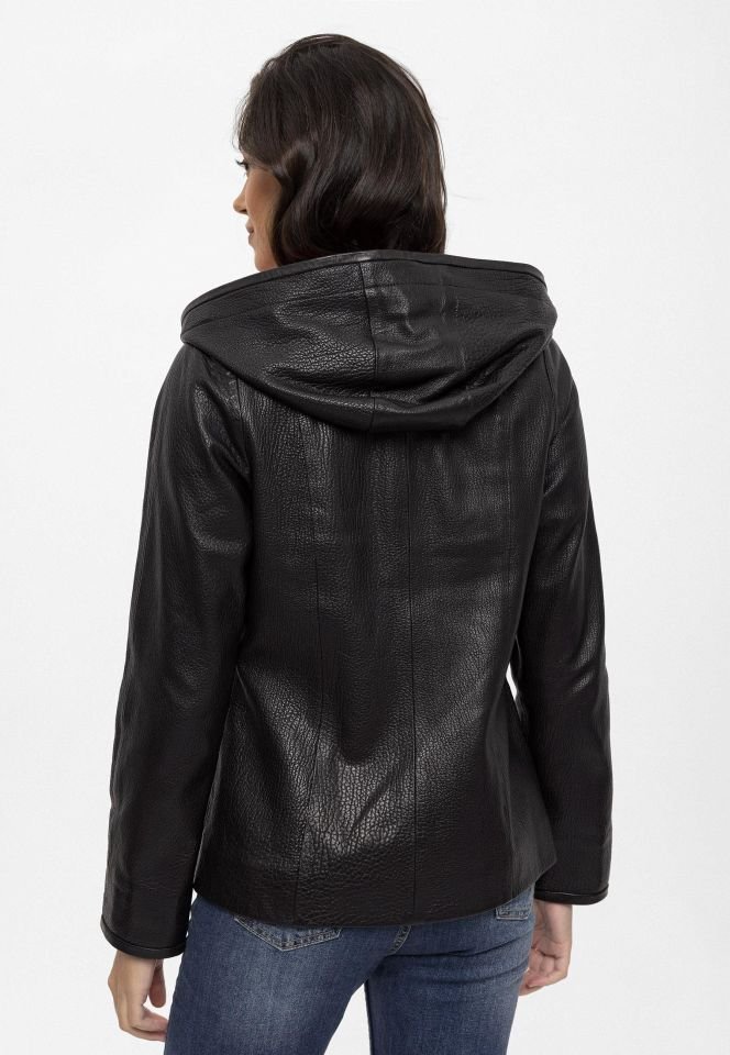 Black Marc Hooded Woman Genuine Leather Jacket
