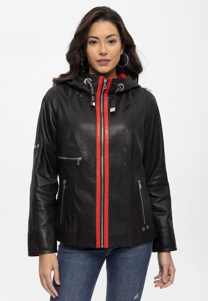 Black Marc Hooded Woman Genuine Leather Jacket