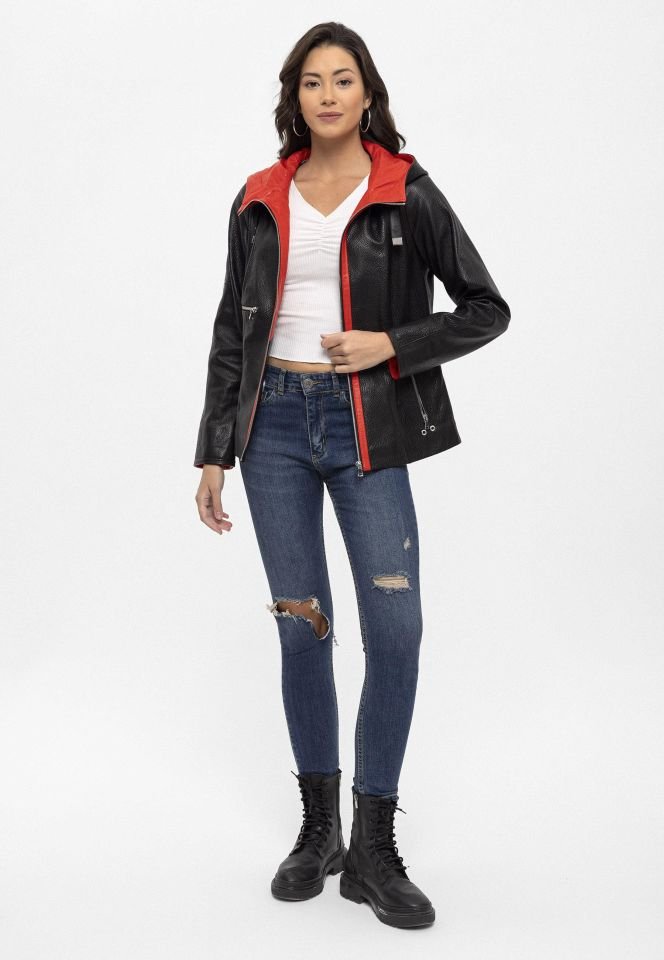 Black Marc Hooded Woman Genuine Leather Jacket