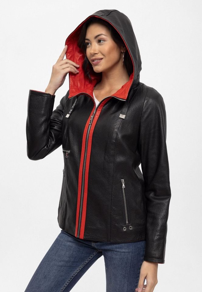 Black Marc Hooded Woman Genuine Leather Jacket
