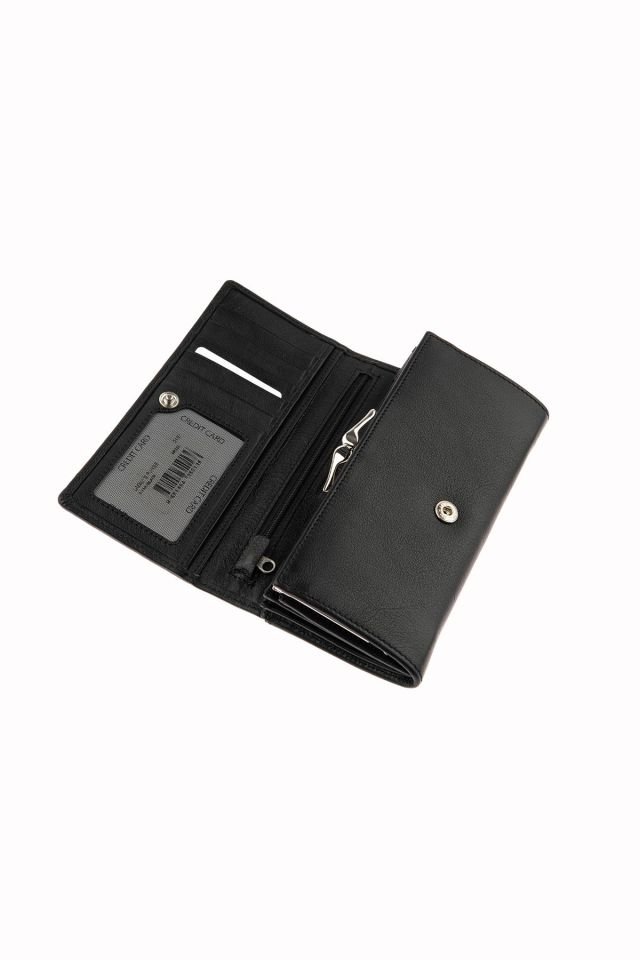 Black Snap Detailed Woman Genuine Leather Wallet