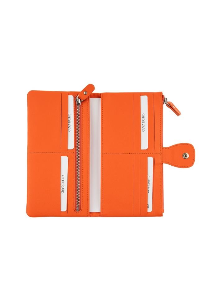 Orange Snap Detailed Woman Genuine Leather Wallet