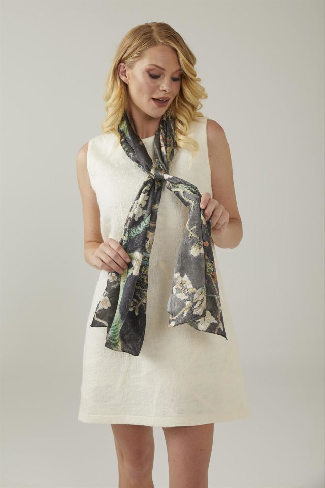 Anthracite Van Gogh Almond Blossoms Silk Scarf
