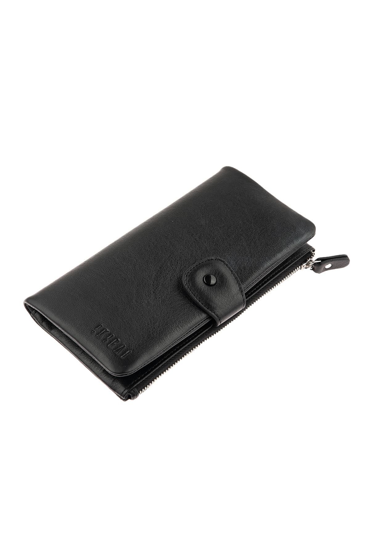 Black Zipper Detailed Woman Genuine Leather Wallet