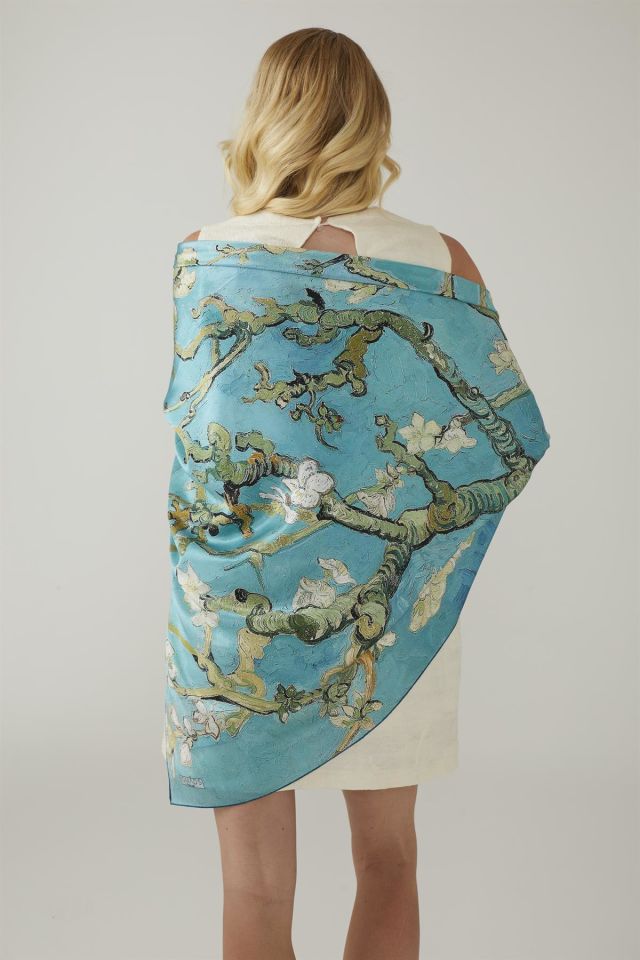 Turquoise Van Gogh Almond Blossoms Silk Shawl