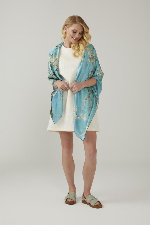 Turquoise Van Gogh Almond Blossoms Silk Shawl
