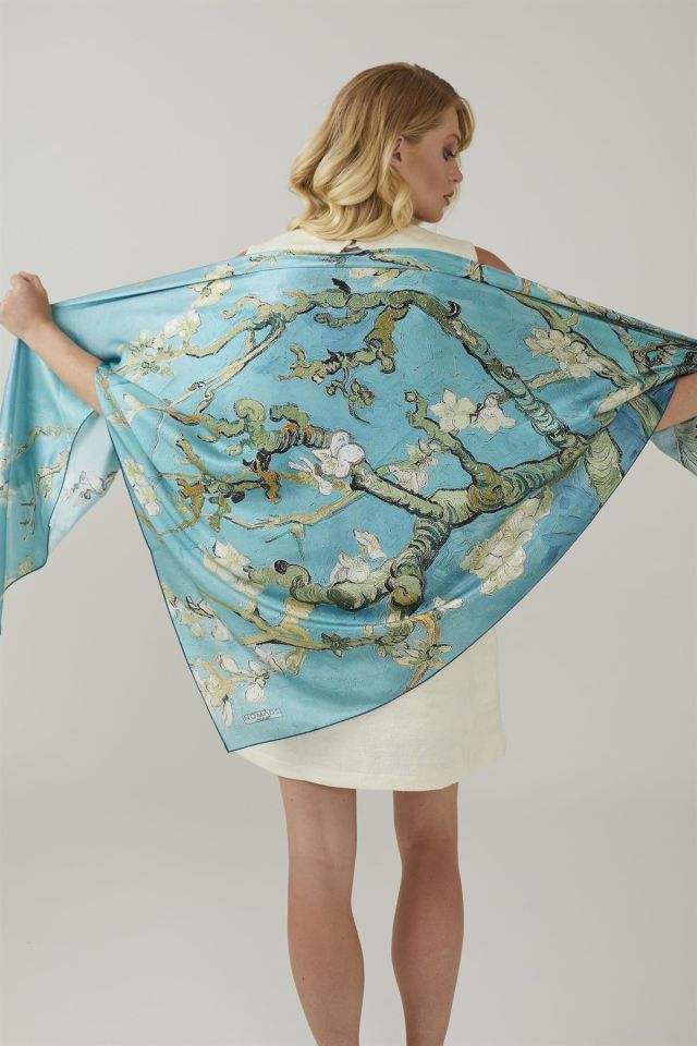 Turquoise Van Gogh Almond Blossoms Silk Shawl