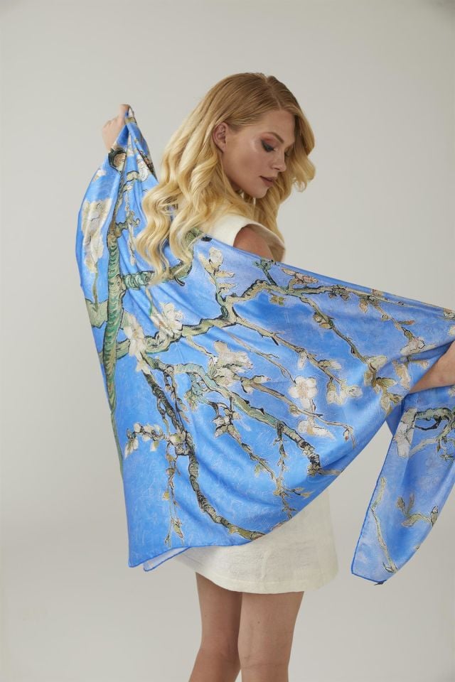 Blue Van Gogh Almond Blossoms Silk Shawl