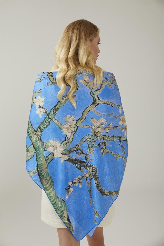 Blue Van Gogh Almond Blossoms Silk Shawl