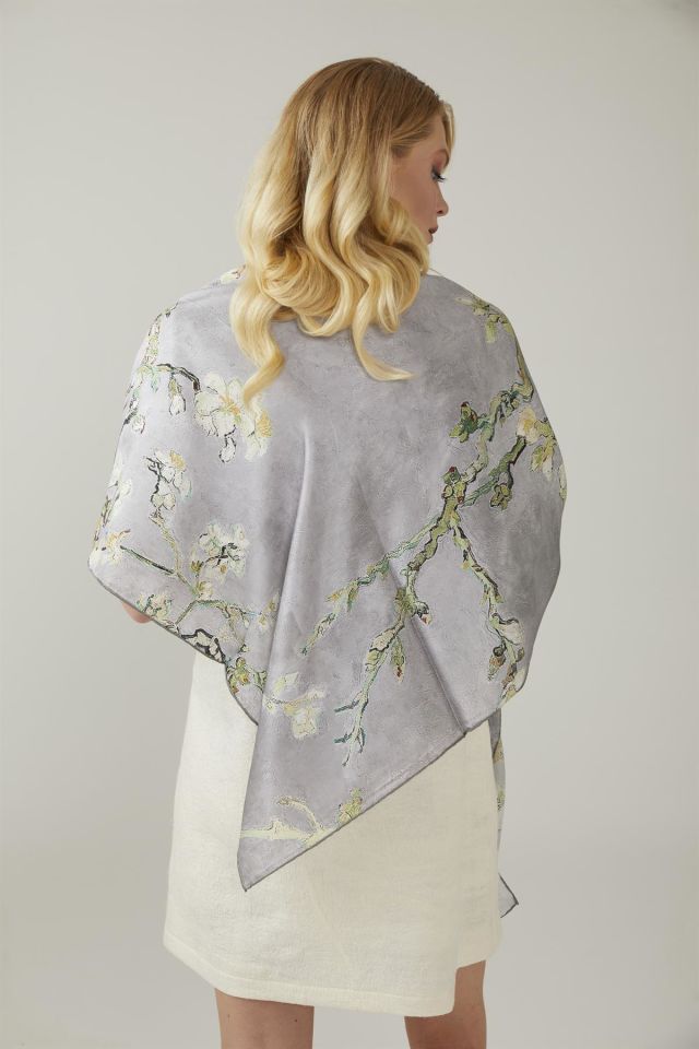 Grey Van Gogh Almond Blossoms Silk Shawl