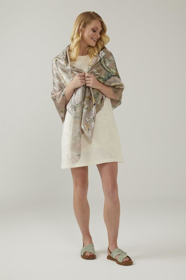 Beige Van Gogh Almond Blossoms Silk Shawl