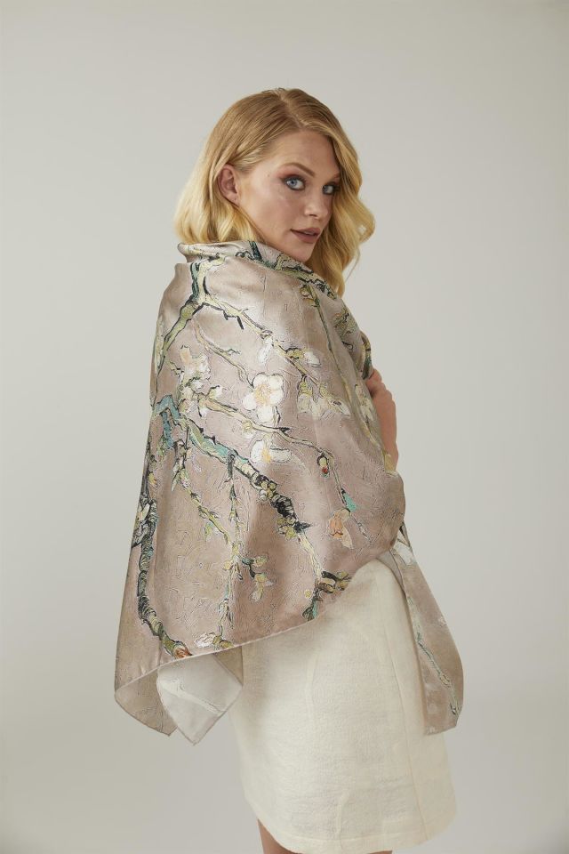 Beige Van Gogh Almond Blossoms Silk Shawl