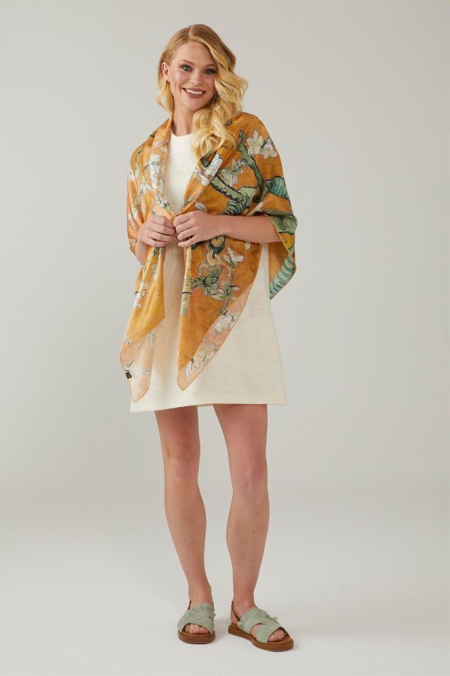 Yellow Van Gogh Almond Blossoms Silk Shawl