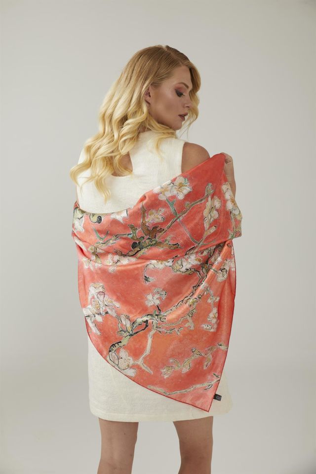 Red Flower Van Gogh Almond Blossoms Silk Shawl