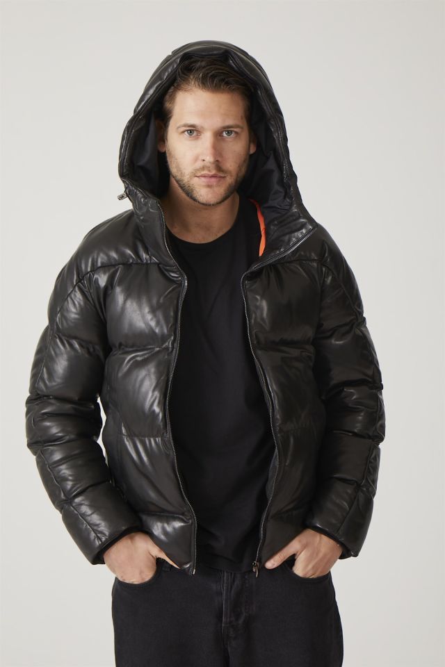 Olaf Black Man Puffed Genuine Leather Jacket