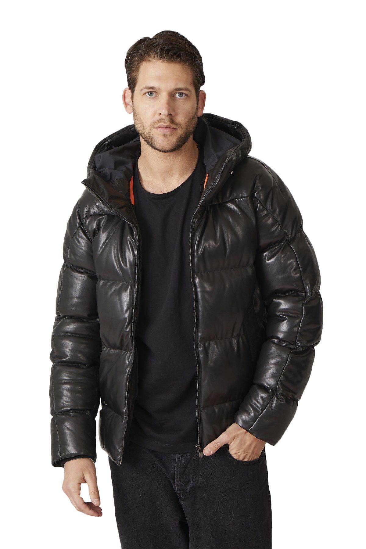 Olaf Black Man Puffed Genuine Leather Jacket