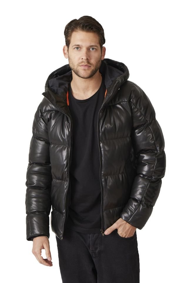 Olaf Black Man Puffed Genuine Leather Jacket