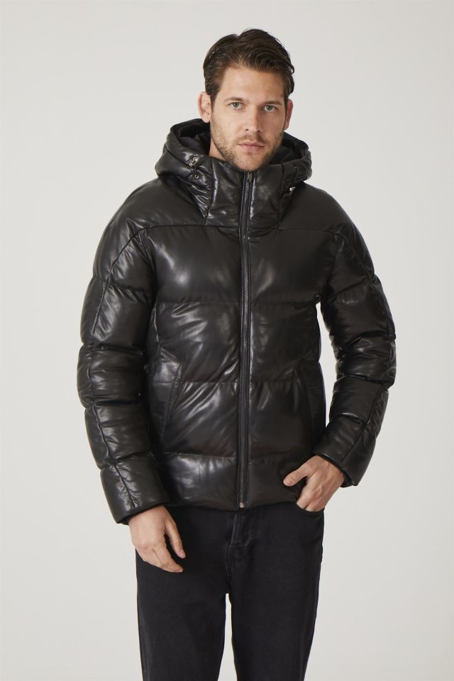 Olaf Black Man Puffed Genuine Leather Jacket