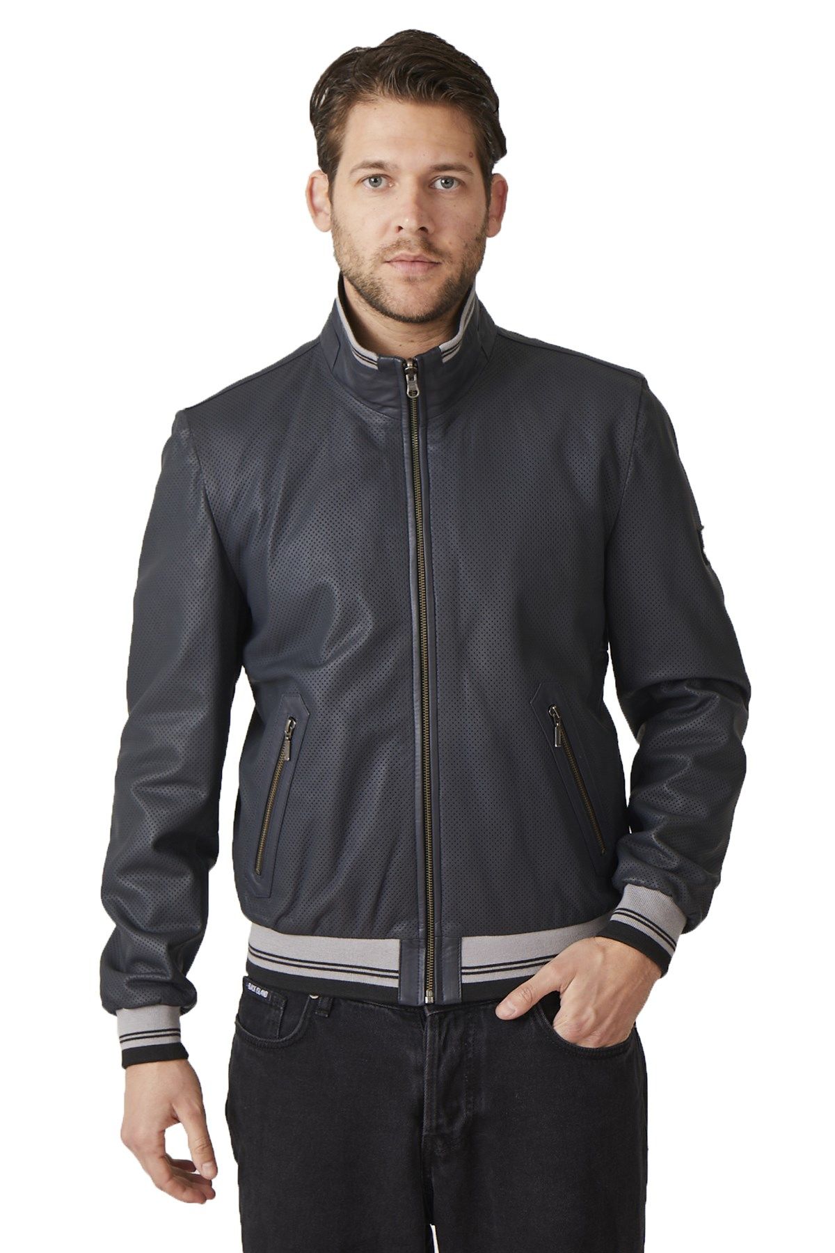 Carmelo Navy Blue Man Reversible Genuine Leather Jacket